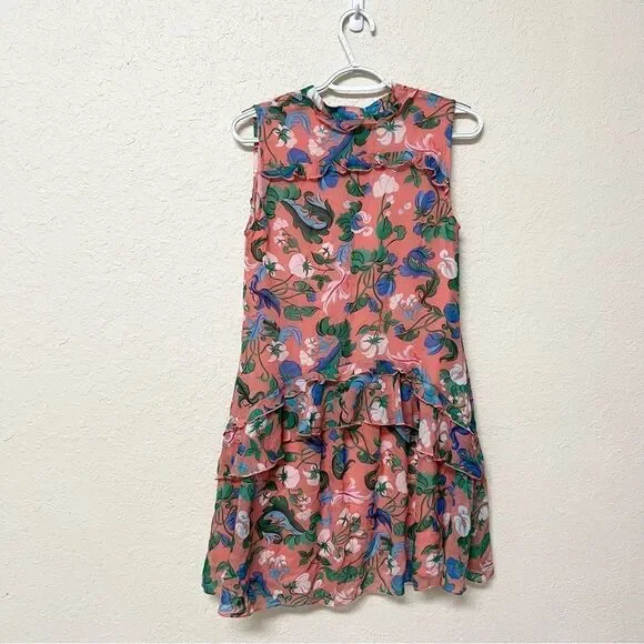 Saloni Tilly 100% Silk Pink Floral Button Up Ruffle Dress Size 2 Sleeveless - Picture 4 of 8